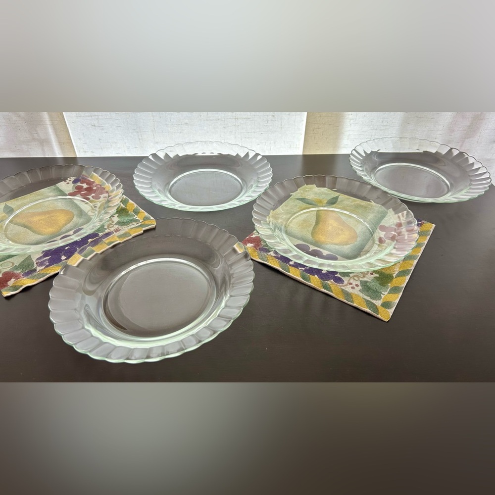 5 Vintage, mid century modern, clear glass plates with/scalloped edges.  8 7/8”